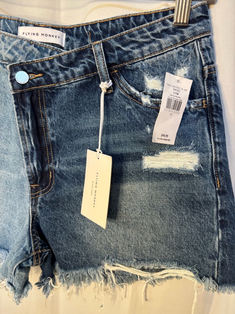 Flying Monkey Two Tone Denim Shorts NWT Ultra High Rise Distressed W30 - Picture 5 of 7